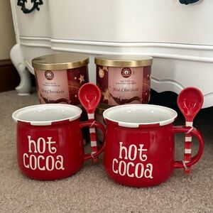 Glow Bright Hot Chocolate Scented Candle and Red Hot Cocoa mugs with spoons.